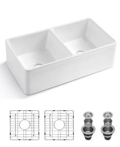 50/50 Porcelain Farmhouse Sink w/ Accessories